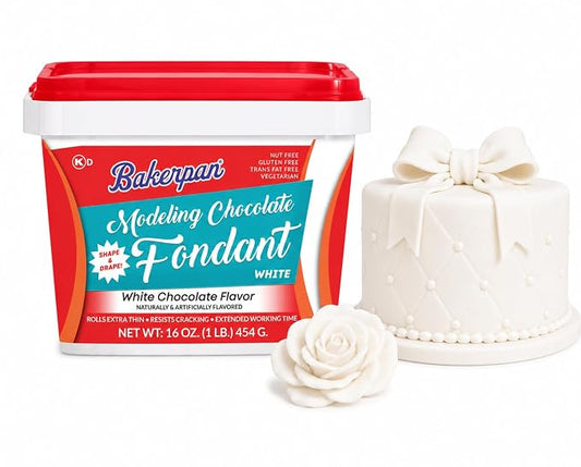Bakerpan Modeling Chocolate Fondant – Hybrid Fondant for Cake Decorating & Sculpting, Rolls Thin and Resist Cracking, White - 1 Pound