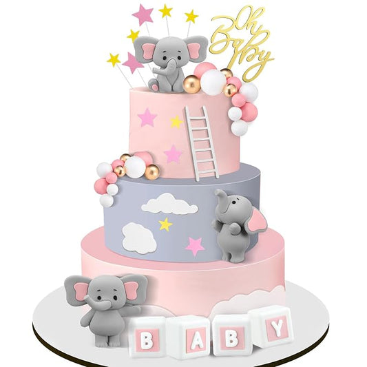 Yinder Bear Cake Toppers Mini Bear Cake Decorations Cake Toppers Gold White Pearl Ball for Birthday Party Decorations(Gray, Pink,Elephant Style)