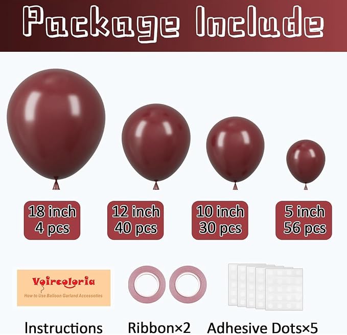 Voircoloria 130pcs Burgundy Balloons Different Sizes 18" 12" 10" 5" Wine Red Balloons for Birthday Graduation Bride Baby Shower Wedding Decorations