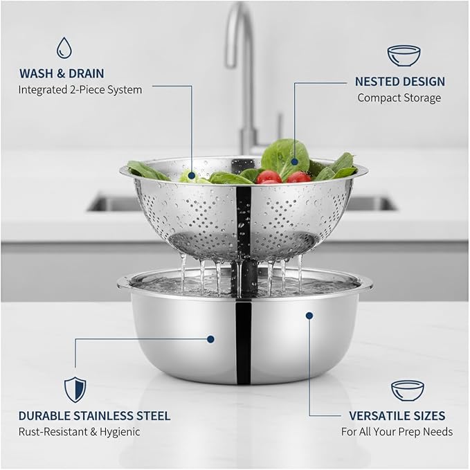 2-Piece Stainless Steel Nested Bowl Set, Deep Basin for Washing Veggies, Draining Pasta, and Food Prep (Silver)