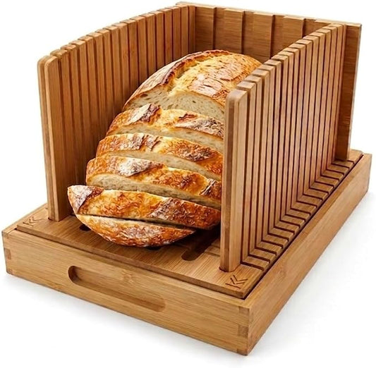 Bread Slicer For Homemade Bread - Fir and Favour Upgraded Adjustable Bamboo Bread Cutter Board - Compact Slicing Guide With Crumb/Serving Tray- Bread Loaf Slicer for Sourdough Gift