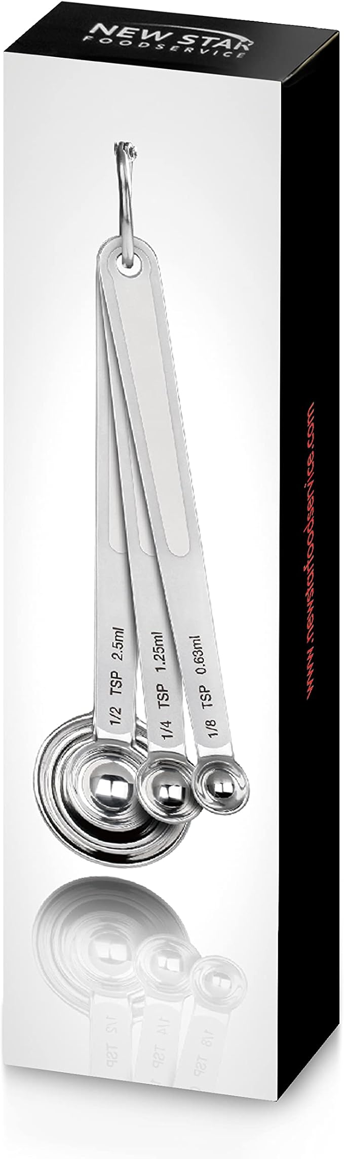New Star Foodservice 43112 Stainless Steel Measuring Spoons, Set of 6, Round Metal Measuring Spoon Set with Ring Hook for Baking, Cooking, Spices, Wet and Dry Ingredients, Silver