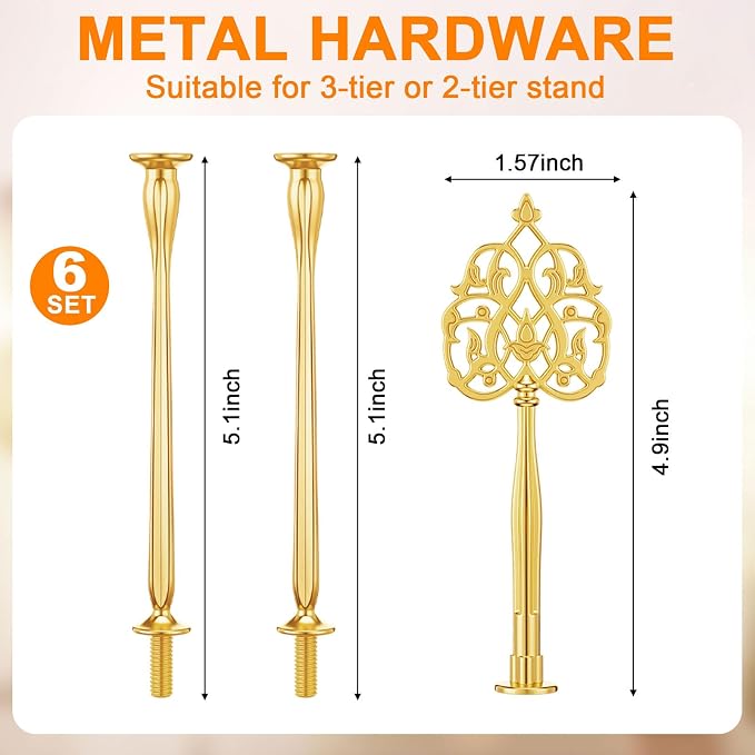 Patelai 6 Sets 3 Tier Cake Stand Hardware Tiered Tray Plate Hardware Kit Heavy Metal Cake Fruit Food Plate Stand Fitting Stacking Kit for Serving Dessert Cupcake Dish (Vintage,Gold)