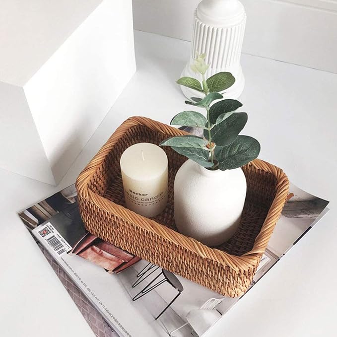 TITA-DONG Rattan Storage Baskets Rectangle Woven Bread Basket Rectangular Wicker Serving Organizer Tray Rattan Fruit Basket, Stackable Wicker Organizer for Kitchen Countertop Bathroom Living Room(L)