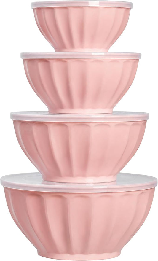 BoxedHome Mixing Bowls with Lids Set, 8 pieces Large 0.2” Thick Plastic Nesting Mixing Bowl, Microwave Safe,Size 5.92, 4.12,3.06,1.80 Quart, Pink