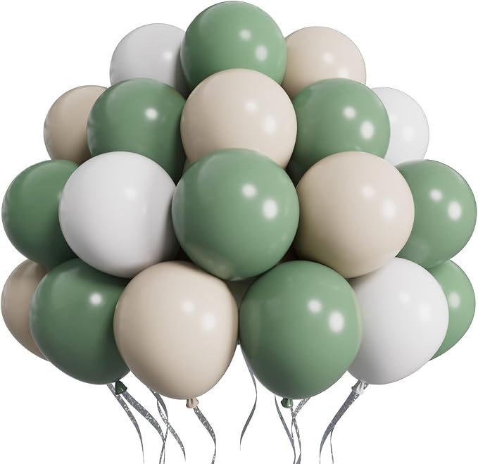 SUWEN Sage Green Balloons 60Pcs,12 inch Olive Green Sand White Latex Balloons for Boho Neutral Birthday Bridal Wedding Engagement Shower Party Decorations