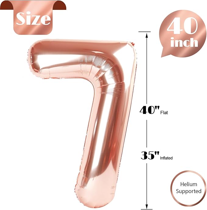 Rose Gold Number 7 Balloon 40 Inch, 7th Birthday Party Decorations for Children, Giant 7 Foil Balloon for Party Supplies