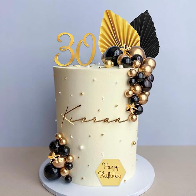 44Pcs Balls Cake Topper Man Cake Decorations with Black Gold Balls Palm Leaves Acrylic Numbers 0-9 and Happy Birthday Cake Toppers for Men Boy Black Theme Birthday Baby Shower Wedding Party Supplies