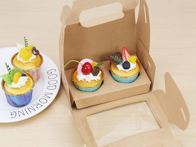 24pcs Kraft Cupcake Boxes 6.8''x3.6''x3.1'' Clear Window Cake Paper Holders Cake Boards Disposable Tiered Cake Containers Handle Boxes Treat Boxes Gift for Party Wedding, Christmas Party | Food-grade cardboard bakery boxes with window. Rustic design fo...
