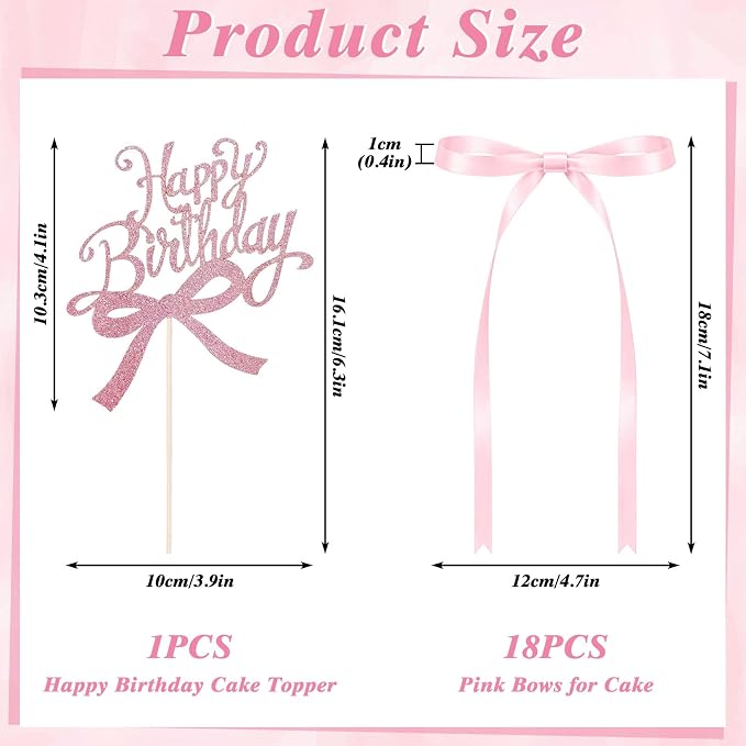 Bow Cake Toppers 18 PCS Pink Ribbon Bows for Cake with 1 PCS Happy Birthday Cakes Topper Coquette Themed Bow Birthday Decorations for Wedding, Bridal Shower, Baby Shower, Bachelorette