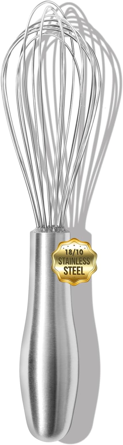 OYV 8" Whisk, Ergonomic Handle, Dishwasher Safe 18/10 Stainless Steel Whisk, Professional Kitchen Metal Wisk, Perfect for Whisking, Blending, Beating, and Baking