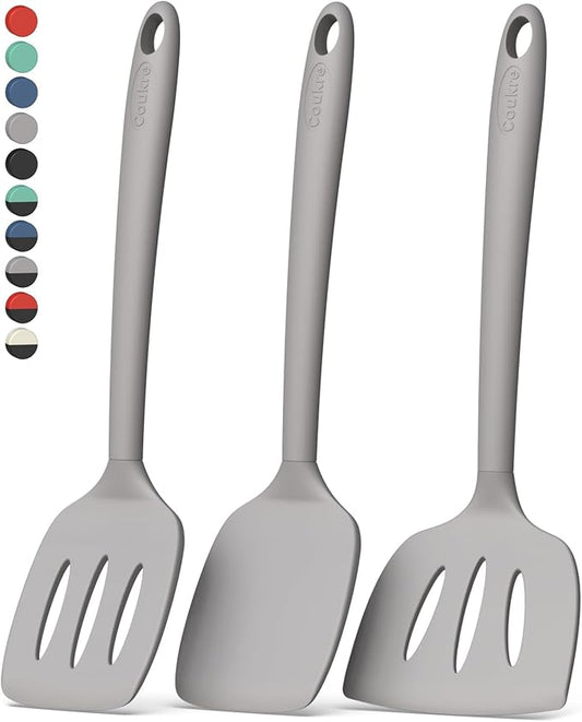 Coukre 3 Pack Silicone Spatula Set, High Heat Resistant, BPA-Free, Fish Spatula, Solid & Slotted Turner for Non-Stick Pans, Flipping Eggs, Pancakes, Fish, Burgers (3, PureGray)