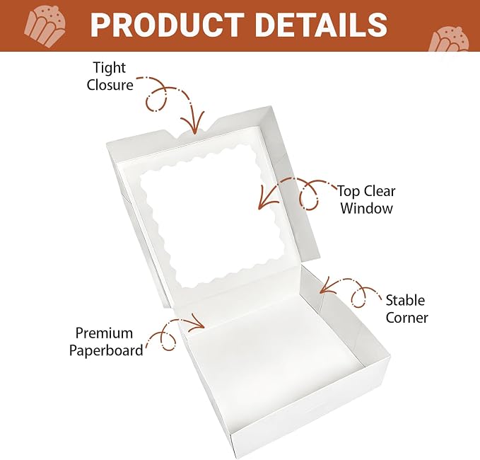 12 Pack White Pie Box Bakery Boxes with Window, 8 x 8 x 2.5 Inches Auto-Popup Cookie Boxes Treat Boxes for Chocolate Strawberries, Pastries, Muffins, Donuts
