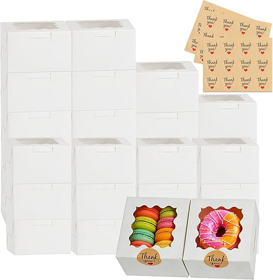 26 Pcs Cookie Boxes with Window, 4x4x2.5 Inches Small Cupcake Boxes, White Treat Boxes with 36pcs Stickers, for Cookie Dessert Pastry Donuts Strawberries Macaroon Candy Chocolate Cupcakes