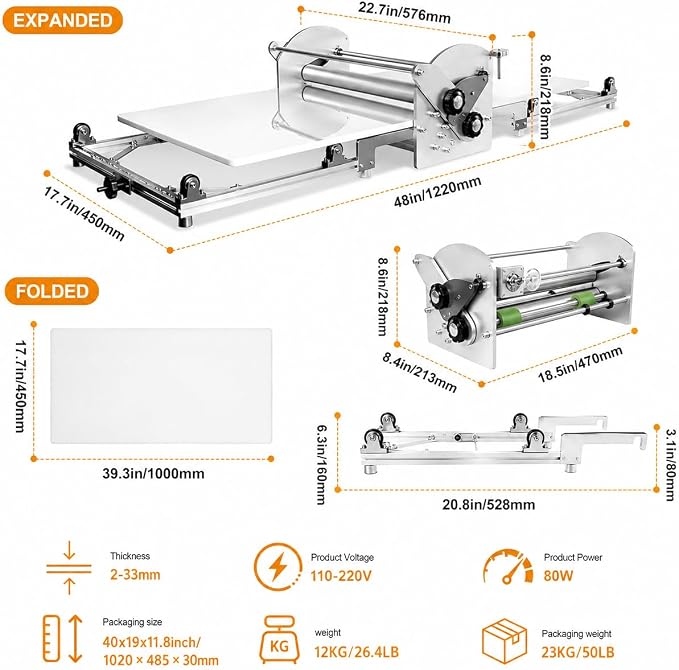 Electric Foldable Dough Sheeter, 51.18"×22.44" Working Surface, Commercial Stainless Steel Dough Roller, 10 Adjustable 2-30mm Thickness Heavy Duty Pasta Machine for Bakery Pizza Croissant Pastry