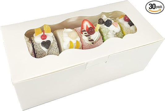 30pcs 9x4x3.5 Inch Cookie Boxes White Bakery Boxes with Window, Loaf Cake Boxes for Roll Cakes, Desserts, Muffins, Donuts, Candies and Pastries(9 Inch)