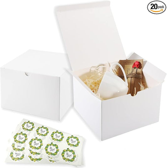 Frantis 20 Pack White Gift Boxes with Lids, 5x5x3 Inch Small Favor Boxes for Candles, Mugs, Treats, Weddings & Small Business Packaging, Includes 24 Thank You Stickers