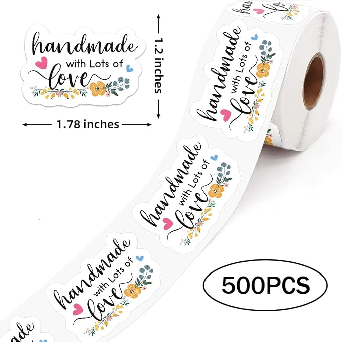 500 PCS Cute Handmade with Lots of Love Thank You Stickers,Funny Small Business Envelopes Stickers for Business Packages Bags, Online Retailers Small Shop Mail Envelopes