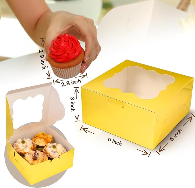 KPOSIYA 65PCS Bakery Boxes with Window 6x6x3 Inches 5 Style Cookie Boxes Small Pastry Boxes for Candy, Dessert, Pastry, Donuts, Birthday Party, Wedding(Gold)