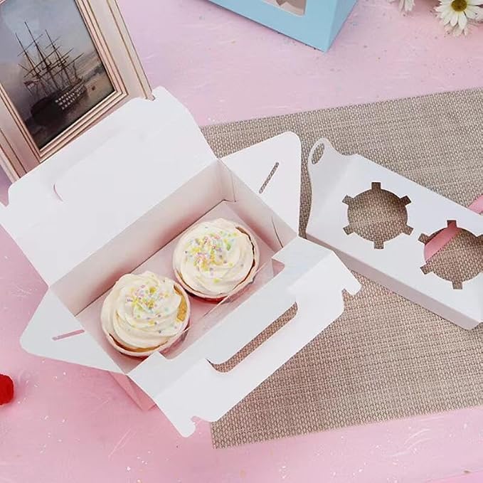25Pcs Cupcake Containers -2 Holders Individual Cupcake Boxes with Clear Window Inserts and Handle Cupcake Muffins Cupcake Carriers for Birthday Party Wedding Cookies Pastries (White)