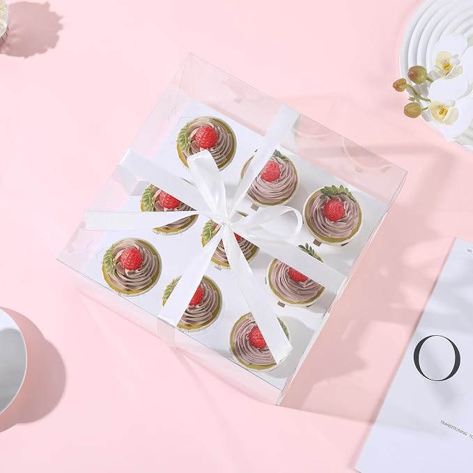 4packs 9 counts Clear Cupcake Boxes,5.5inches height 9 Count Cupcake Containers with Gift Ribbon，Disposable Cupcake Carrier Holder with Detachable Tall Dome Lid, BPA Free, Standard Size(9count/4pcs)