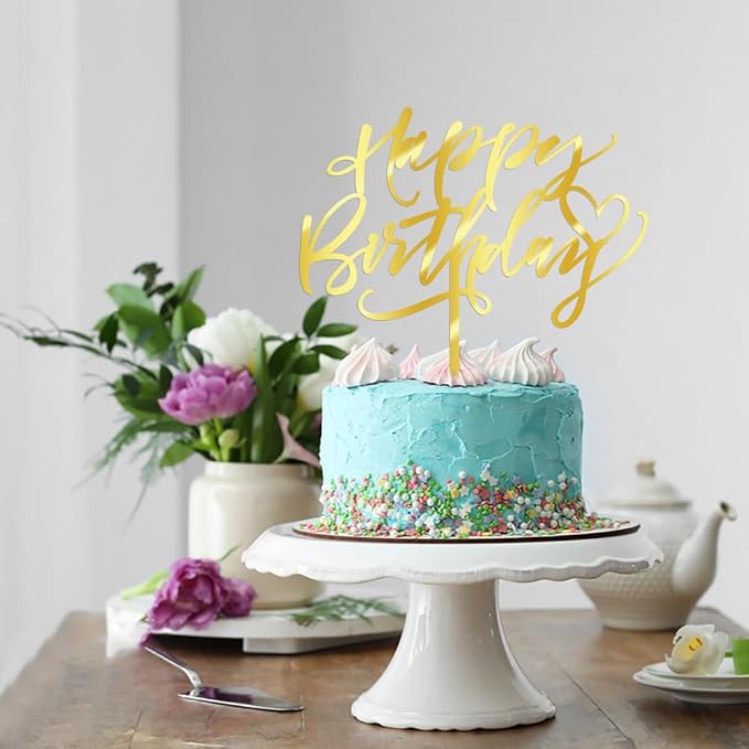 Happy Birthday Cake Topper, Gold Mirror Acrylic Cake Decorations | Cake Sign Decorations, For Boy Girl Children or Adults, Birthday Party Decoration Ideas, Anniversary/Birthday Party Supplies