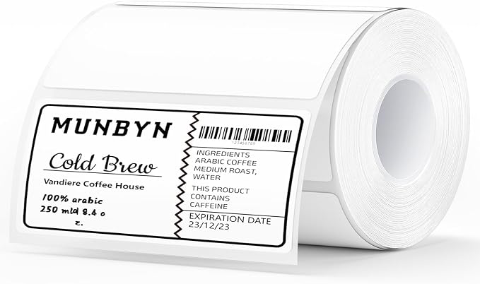 MUNBYN 4” X 2” Direct Thermal Labels, Thermal Printer Stickers, Strong Adhesive & Perforated Labels Paper for Barcode, Mailing, 500 Sheets/1 Roll，White