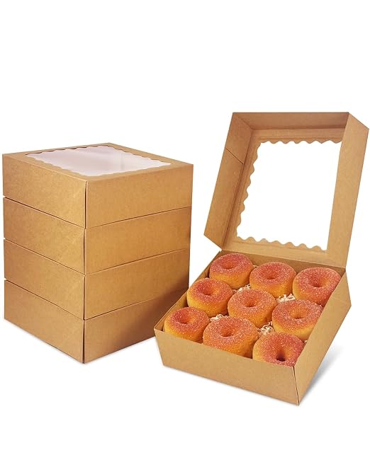 qiqee Auto-pop Up 90pcs Brown Pastry Box With Window Donut Pie Boxes 8"x8"x2.5" Bakery Box