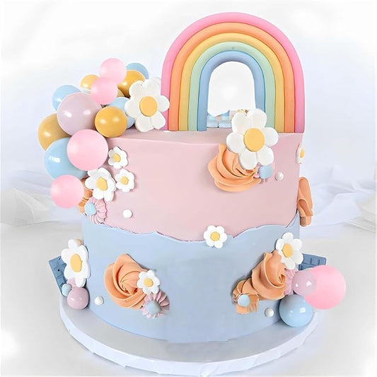 Boho Cake Topper, Qoadwem 26pcs Rainbow Cake Topper For Hippie Themed Daisy Flowrs Blue Dog Cake Toppers Pastel Ball Cake Decorations for Groovy Hippie Wedding Party Supplies