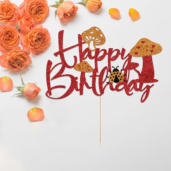 Mushroom Happy Birthday Cake Topper，Forest Theme Party Decoration，Happy Garden Party/Mushroom Theme Cake Topper Decoration Supplies (Mushroom1)