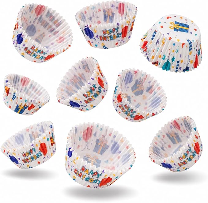 200 Paper Cupcake Liners, Muffin Liners or Baking Cups for Desserts, Muffins, Cupcakes and More Treats; Grease Proof, No Smell, Food Grade, Nut Serving Containers (Birthday)
