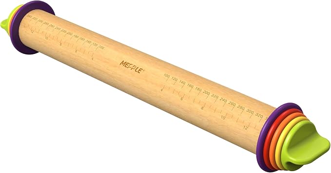 Adjustable Rolling Pin with 4 Thickness Rings, 13.6'' Wooden Dough Roller | Multicolor removable rings( 1/16''to 3/8'') for precise dough thickness, ideal for pizza, pies, pastries, cookies & making