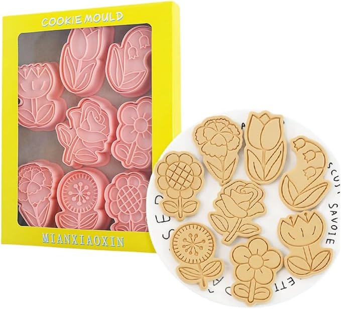 Flower Cookie Cutters,8pcs Plastic Sunflower Cookies Stamps,Tulip Biscuit Mould Press,Rose Cookie Mould Set, Baking Kitchen Tools (Flower)