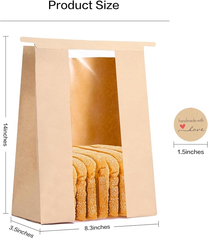 200 Pack Large Paper Bread Bags for Homemade Bread with Tin Tie Tab Lock,14" x 8.3" x 3.5" Sourdough Kraft Loaf Bag with Clear Front Window,Label Seal Sticker Included