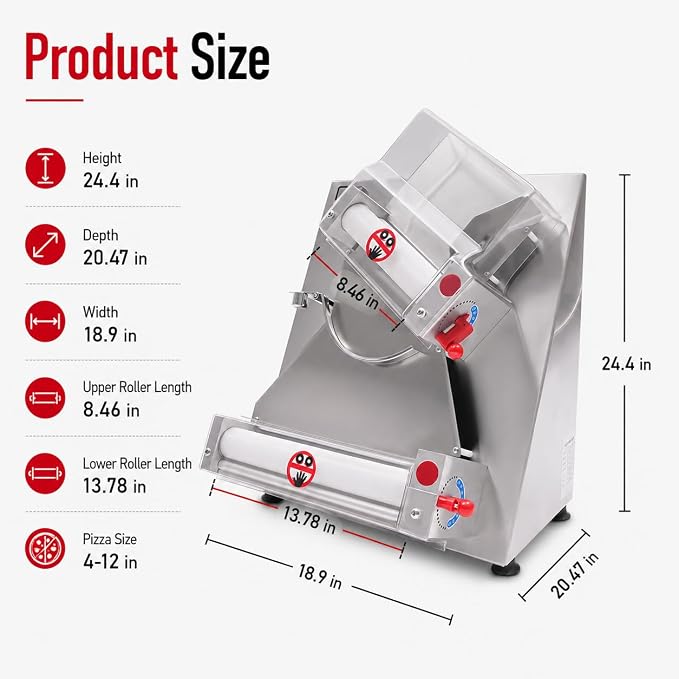Pizza Dough Roller Sheeter, 4-12" Commercial Electric Automatic Pizza Press Making Rolling Machine, Adjustable Thickness 0.03-0.2 Inch, Stainless Steel Dough Machine for Noodle Bread & Pasta Maker