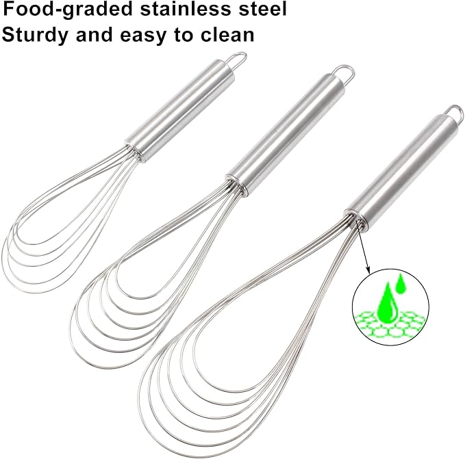 3 Pcs Kitchen Flat Whisk Set, Stainless Steel Egg Whisk Flat Wire Whisk 6 Wires Egg Mixing Whisk(6.73 Inch,10.11 Inch,10.51 Inch)