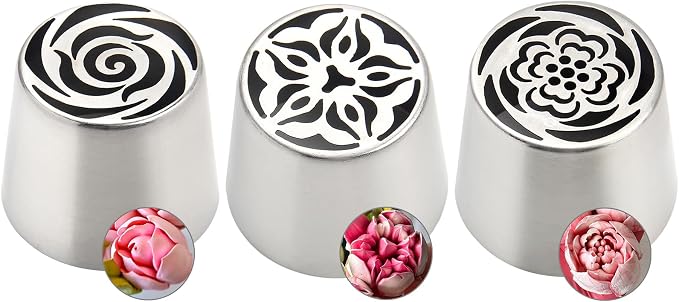 3pack Russian Piping Flower Nozzles Extra Large, Stainless Steel Rose Floral Piping Nozzles for Cake Decorating Icing, Cream Flower Bouquet DIY Cookies, Desserts Baking Tools (XXL,A）
