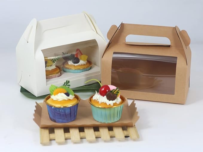 24pcs Gable Bakery Boxes with Window, 6.8x3.6x3.1in, Food-Grade Cardboard | Food-grade cardboard bakery boxes with window. Rustic design for gifts, donuts, bread, party favors. Sturdy handles