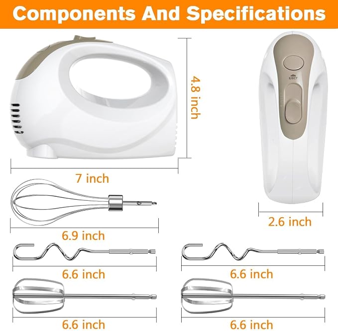 Handmixer Electric Handheld - 5 Speed Portable Kitchen Mixer Electric with 5 Stainless Steel Accessories Whisk, Food Beater for Whipping Mixing Cookies