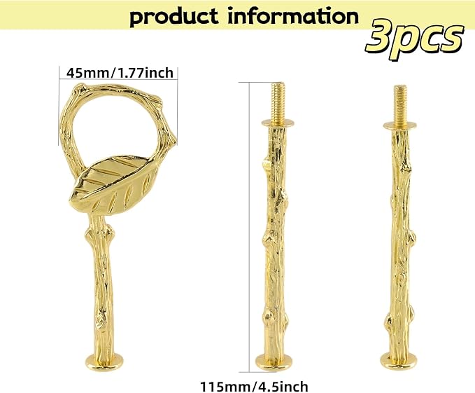 3 Set Metal 3 Tier Leaf Cake Stand Centre Handle Fittings, Fruit Heavy Plate Handle Fittings Hardware Rod(Gold)