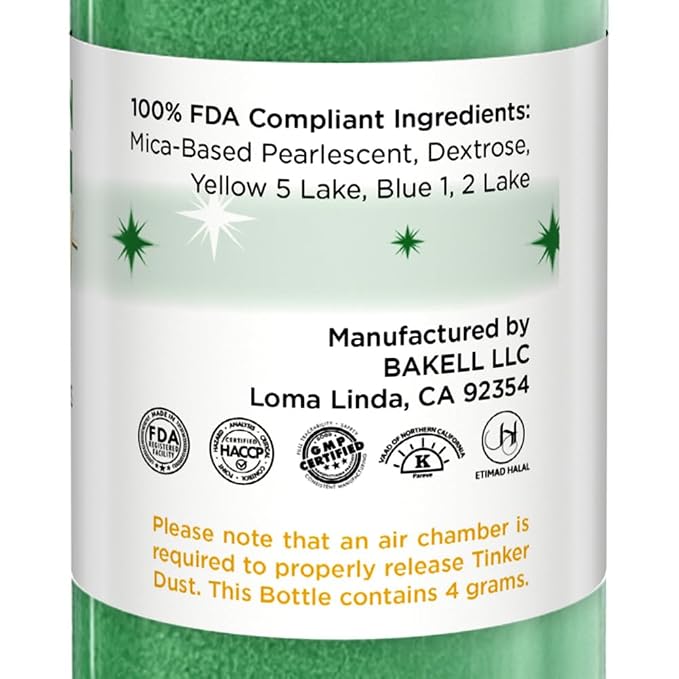 Bakell - Classic Green Tinker Dust (4g, 1x Mini Spray Pump) Edible Glitter for Food, Desserts, and Baked goods!
