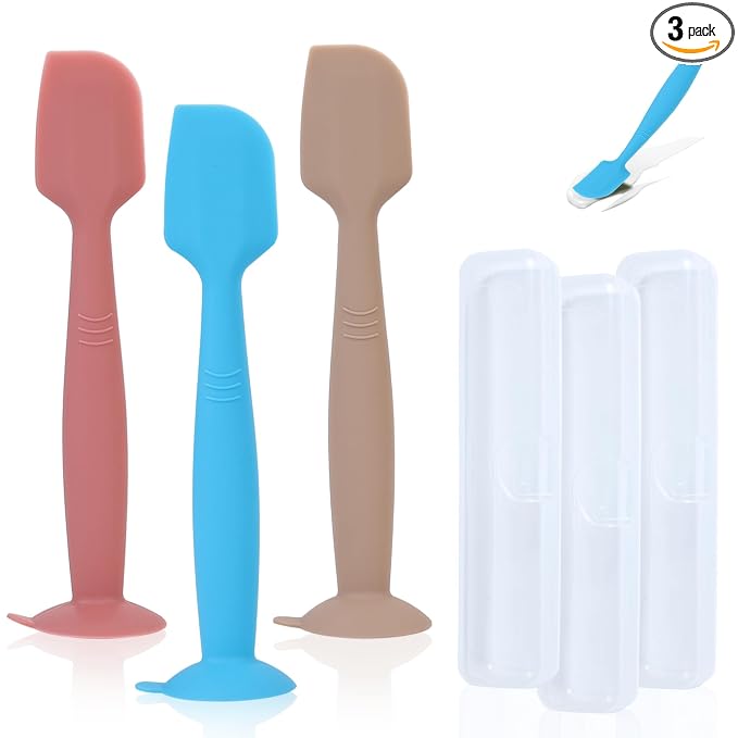 babove Baby Diaper Cream Spatula Applicator 3 Pack with 3 Travel Cases - Soft Silicone Butt Paste Spatula with Suction Cup - Portable Newborn Essentials Must Haves for Diaper Bag (Red Blue Khaki)