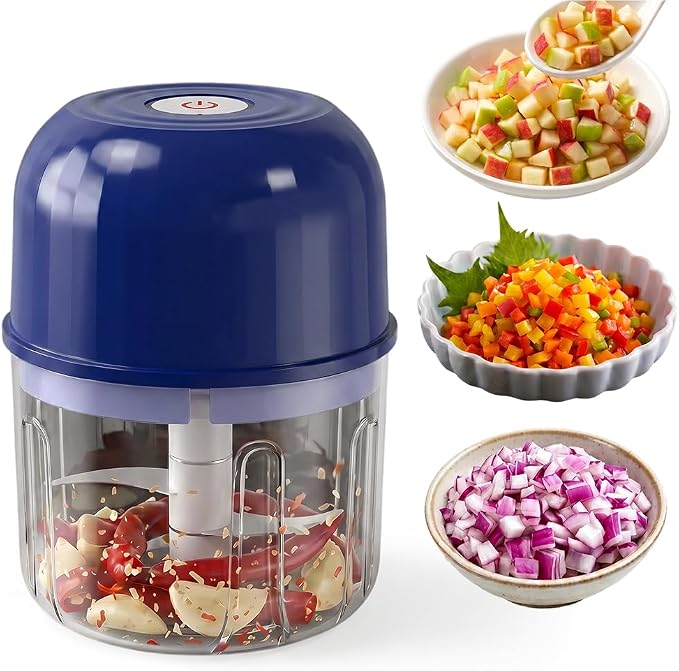 Electric Garlic Chopper, Mini Wireless Rechargeable Veggie Chopper with Stainless Steel Blades, Portable Food Processor for Onion Ginger Chili Meat, 260ml Small Kitchen Gadget (Blue)
