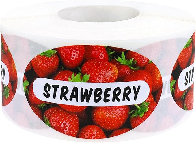 Strawberry Grocery Store Food Labels 1.25 x 2 Inch Oval Shape 500 Total Adhesive Stickers