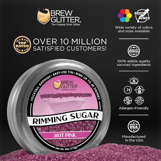Brew Glitter - Neon Pink Rimming Sugar (4oz, 1x Bar Tin) Cocktail Garnish for Mixed Drinks & Refreshments