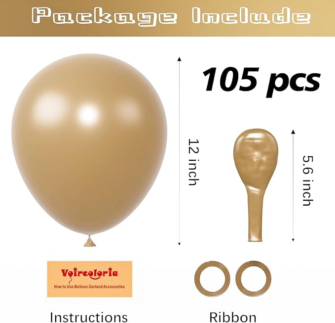 Voircoloria 105pcs Khaki Balloons 12inch Party Latex Balloons for Boys Girls Birthday Baby Shower Gender Reveal Wedding Sunflower Party Decorations