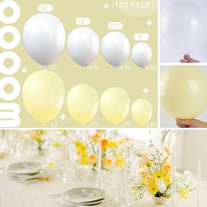PartyWoo Yellow and White Balloons, 140 pcs Pastel Yellow and White Balloons Different Sizes Pack of 18 Inch 12 Inch 10 Inch 5 Inch for Balloon Garland Arch as Birthday Decorations, Party Decorations