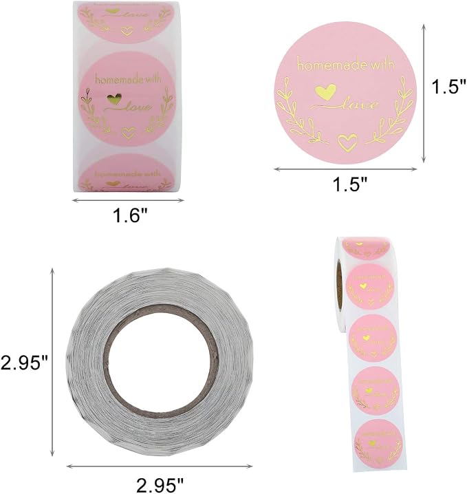 Yoption 1.5 Inch Round Homemade with Love Stickers Pink for Packaging, Cookie Bags, Small Shop Local Handmade, 500 Labels per Roll