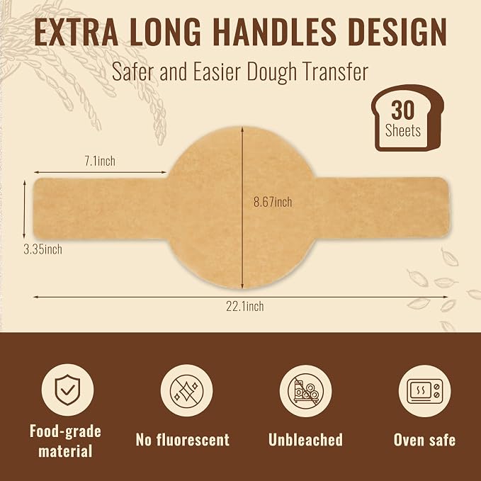 Sourdough Parchment Paper for Dutch Oven, BlissBoard Disposable Bread Baking Mat with Long Handles, 30 Pcs Unbleached Parchment Sling for Air-Fryer, Sourdough Transfer
