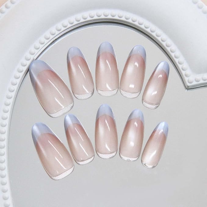 24Pcs French Press on Nails Short Almond ZWENJIE Cat Eye Fake Nails Press ons Nail Tips Stick on Nails Glossy Acrylic Nails Kit False Nails with Colorful Design Nail Art for Women Glitter Manicure